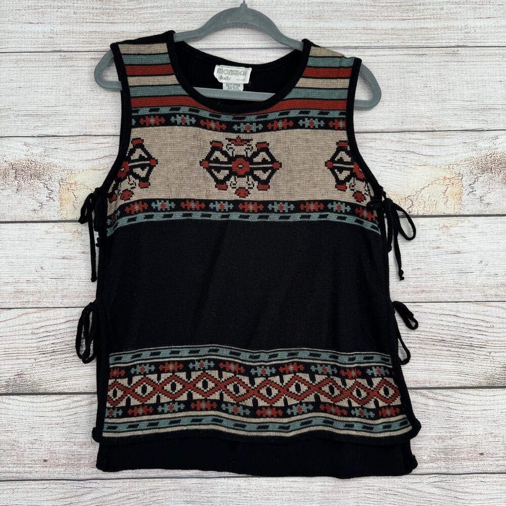 Vintage 70s Monarch Knits Southwest Print Tie Side Sweater Vest Womens S Black